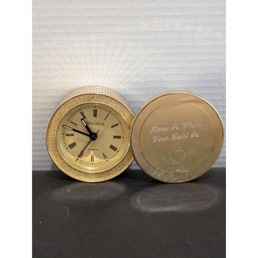 Slide Cover Desk Alarm Clock Goldtone 1992 Reflections‎ 3.125" Home Is Where